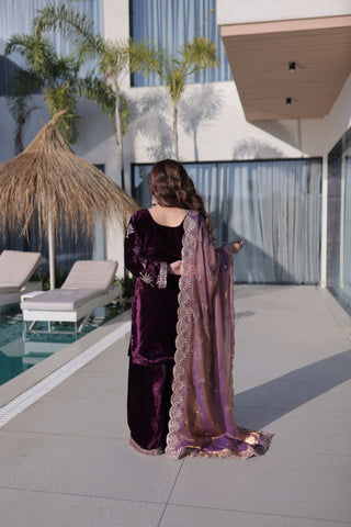 Royal Plum Ice Velvet Zari Embroidered Kurta Palazzo Set With Designer Dupatta