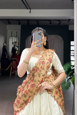 Ivory Kalamkari Handloom Kora Silk South Indian Lehenga Set