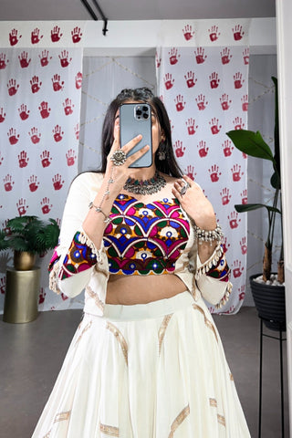 Elevate Navratri Style Original Mirror Gamthi Work With Sequins Lace Touch Up Lehenga Choli