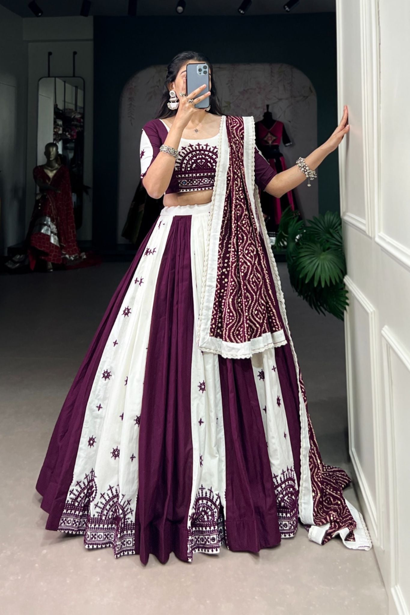 Wine And White Stylish Pure Cotton Navratri Lehenga Choli