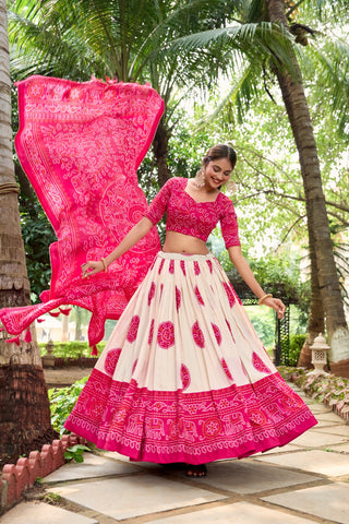 Pink Tasar Silk Bandhej Lehenga Choli Set With Dupatta