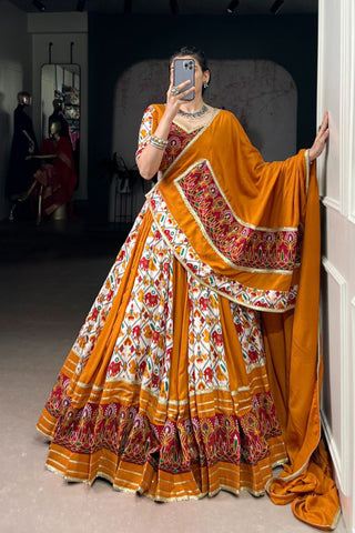Mustard Rayon With Patola Print Silk Designer Gamthi Work Classic Lehenga Choli