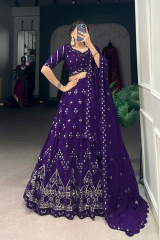 Purple Georgette Sequins And Thread Embroidery Work Wedding Lehenga Choli