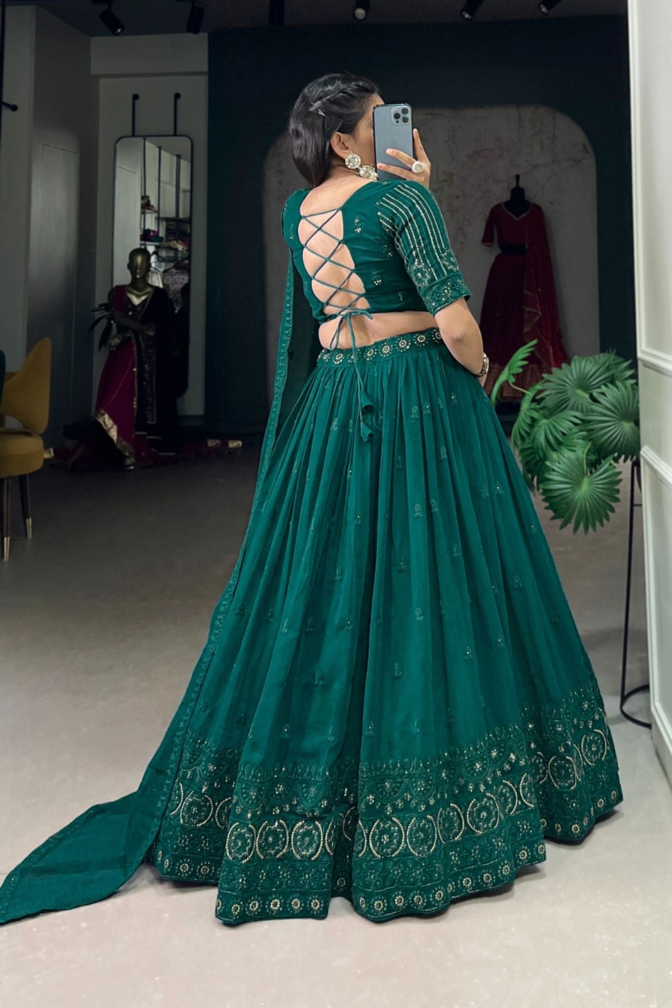 Blue Green Sequins With Thread Embroidery Work Wedding Lehenga Choli