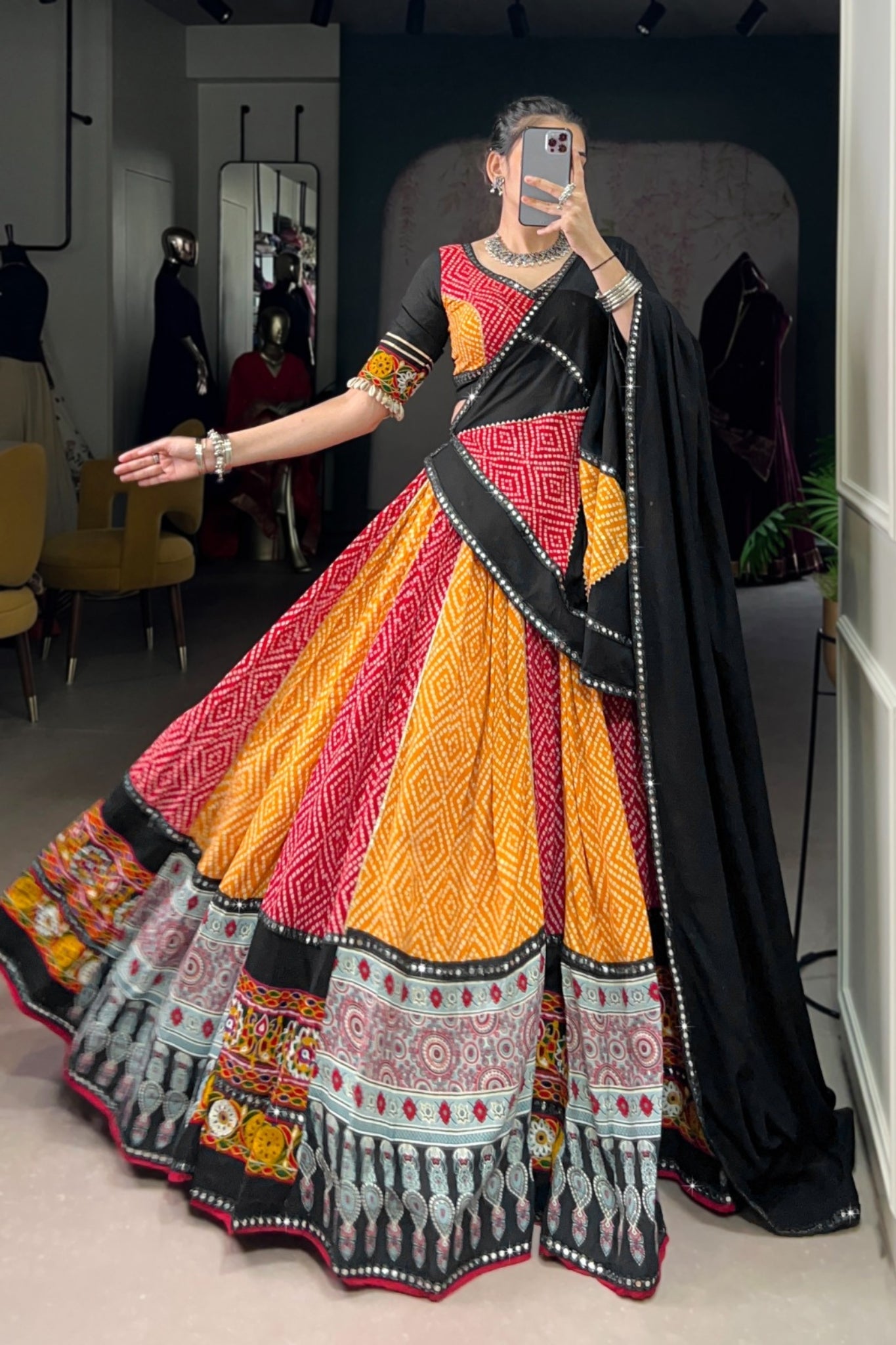 Navratri Special Pure Rayon Lehenga Choli With Ajrakh Print, Gamthi & Gota Patti Work