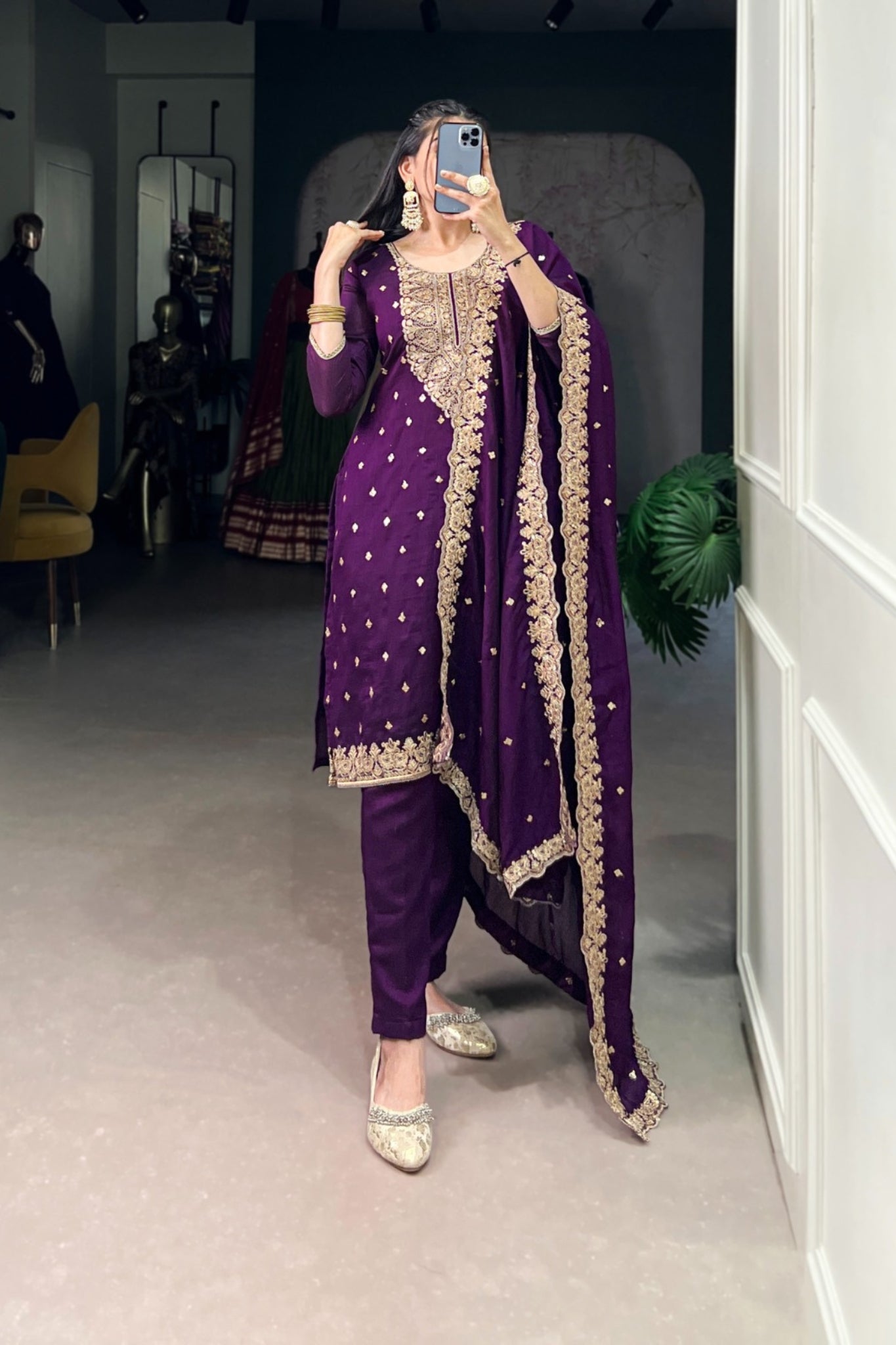 Vichitra Silk Embroidered Kurta With Dupatta & Bottom