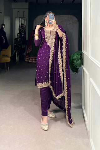 Vichitra Silk Embroidered Kurta With Dupatta & Bottom