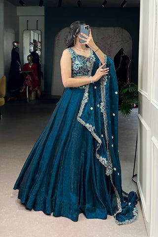 Peacock Color Beautiful Sequins And Tread Embroidered Lehenga Choli