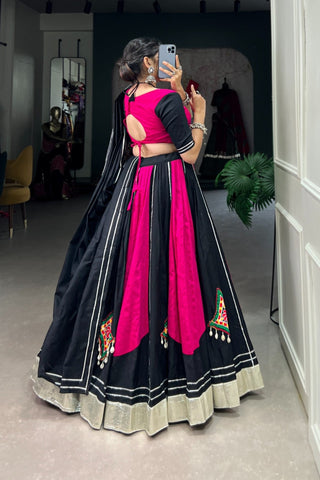 Pink And Black Pure Cotton Gamthi Work Chaniya Choli For Navratri