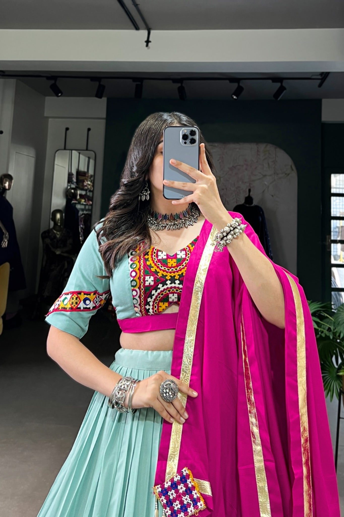 See Green Stunning Embossed Design Mirror Gamthi Work Readymade Navratri lehenga Choli