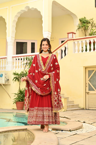 Red Embroidered Wedding Gown With Dupatta
