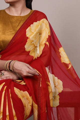 Floral Chiffon Saree With Lace Border Explore Acriine Ethnic Collection