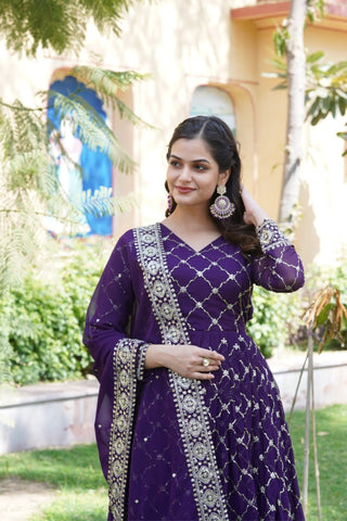 Purple Readymade Sequins Embroidered Work Gown With Dupatta Set