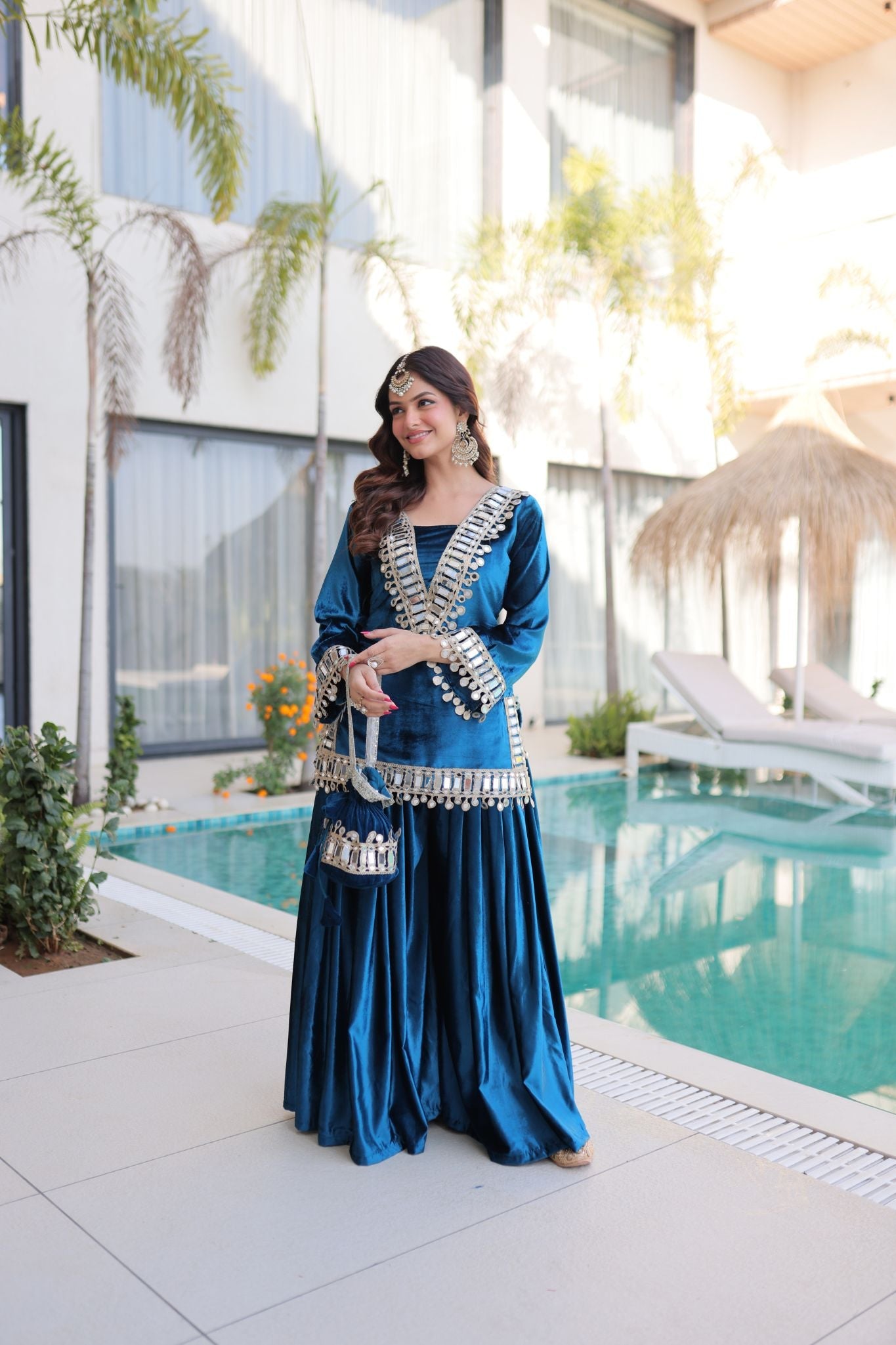Royal Ice Velvet Zari And Mirror Embroidered Luxury Co Ord Set With Batwa