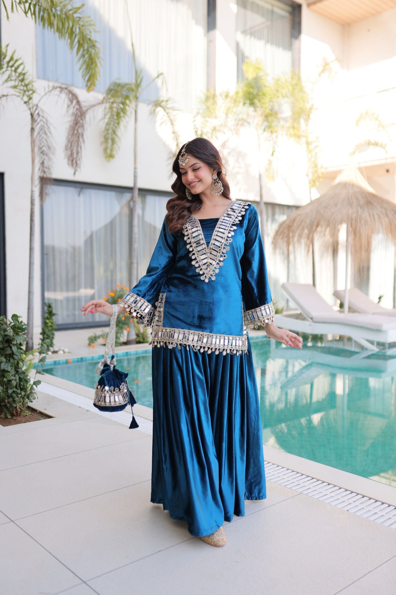 Royal Ice Velvet Zari And Mirror Embroidered Luxury Co Ord Set With Batwa