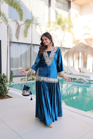 Royal Ice Velvet Zari And Mirror Embroidered Luxury Co Ord Set With Batwa