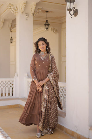 Stunning Designer Embroidered Work Gown With Dupatta Set