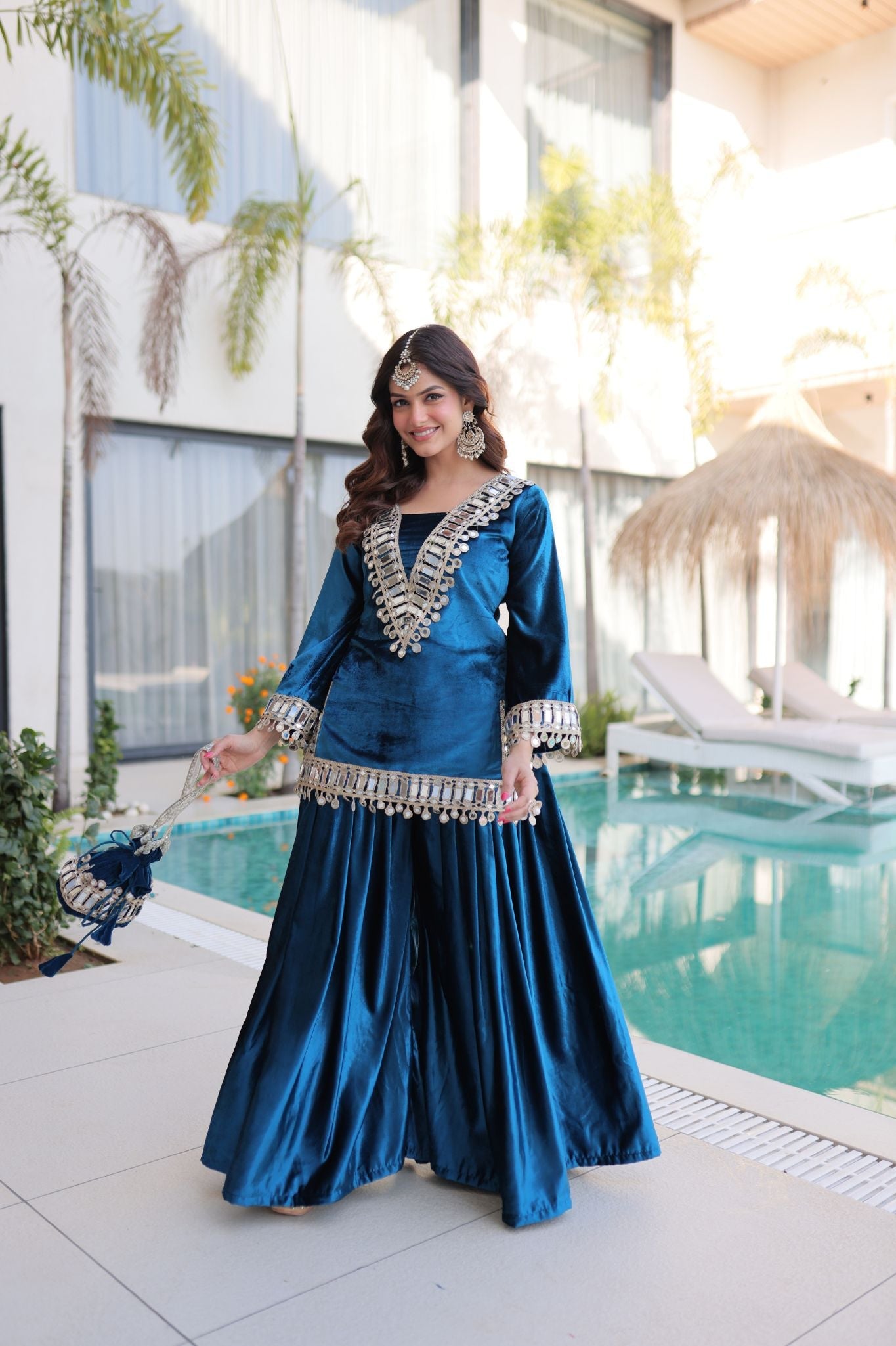 Royal Ice Velvet Zari And Mirror Embroidered Luxury Co Ord Set With Batwa