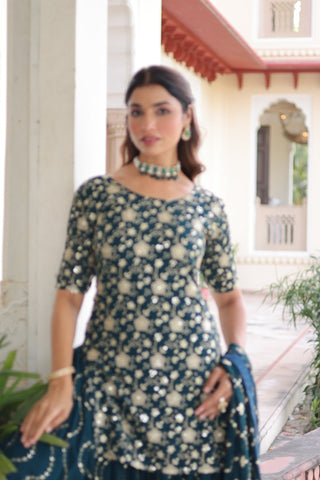 Premium Sequins Embroidered Faux Georgette Kurti Sharara Set With Dupatta