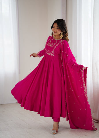 Dark Pink Pure Roman Chanderi Silk Anarkali Set with Dupatta For Women