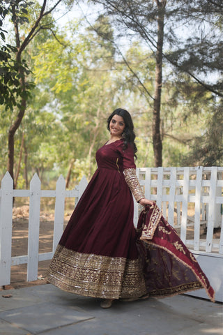 Stunning Premium Dark Maroon Anarkali Set