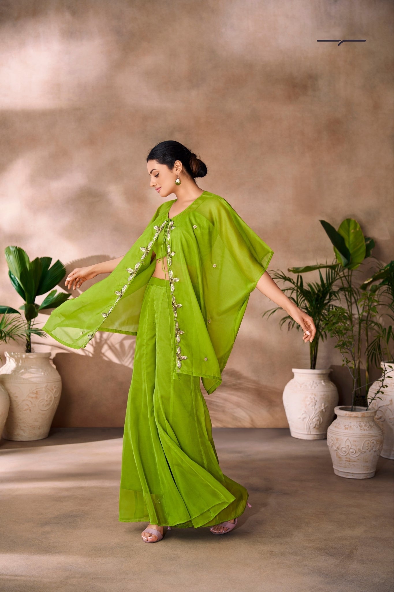 Parrot Green Hand Embellished Organza Designer Co Ord Set