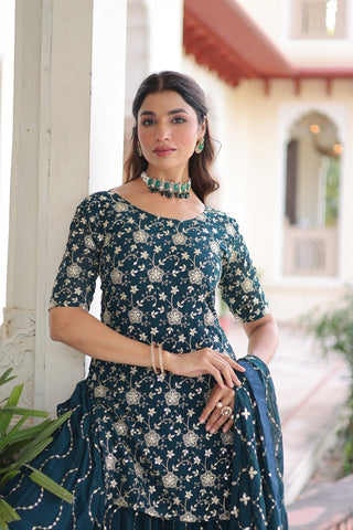 Premium Sequins Embroidered Faux Georgette Kurti Sharara Set With Dupatta