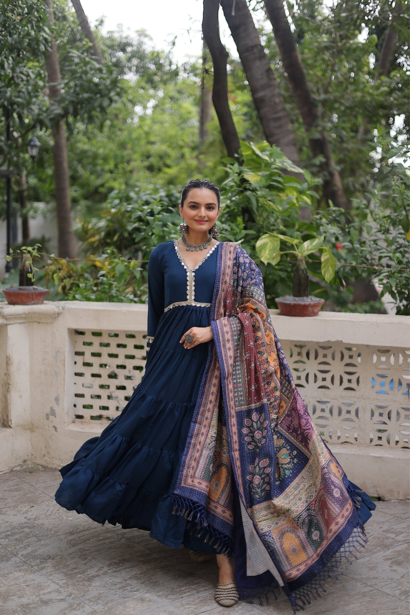 Beautiful Frill Stitching Designer Festival And Wedding Gown And Dupatta Set