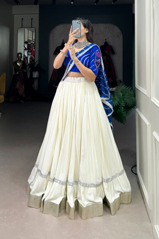 White Pure Rayon Embossed Design Navratri Lehenga