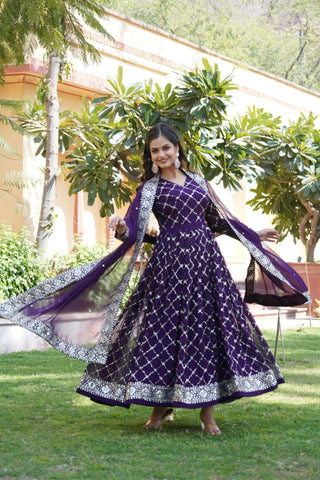 Purple Readymade Sequins Embroidered Work Gown With Dupatta Set