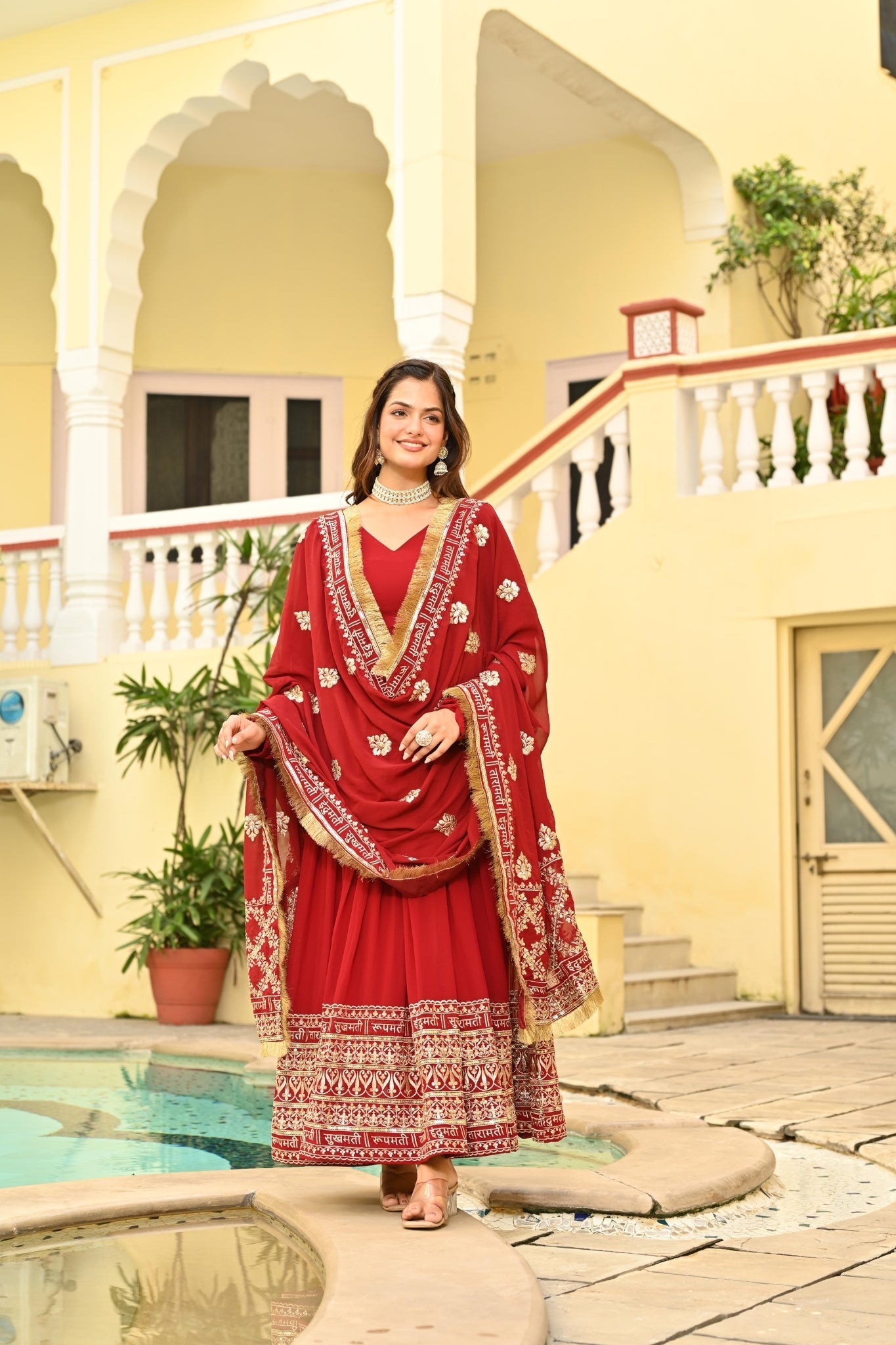 Red Embroidered Wedding Gown With Dupatta