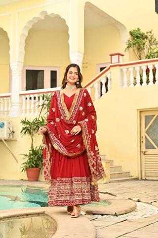 Red Embroidered Wedding Gown With Dupatta