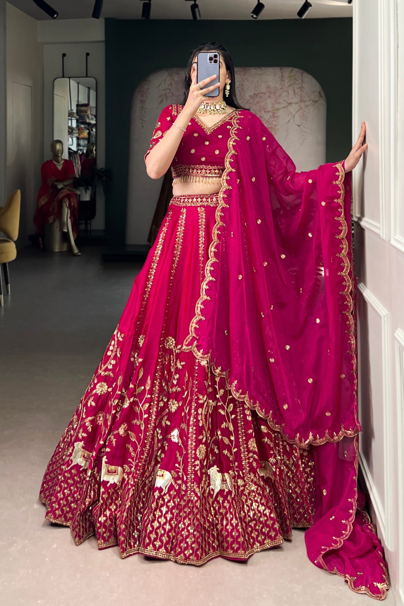 Luxury Natural Silk Pink Designer Sequins With Thread Embroidery Lehenga Set