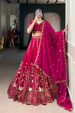 Luxury Natural Silk Pink Designer Sequins With Thread Embroidery Lehenga Set