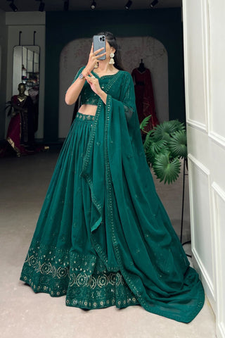 Blue Green Sequins With Thread Embroidery Work Wedding Lehenga Choli