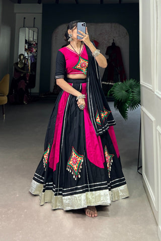 Pink And Black Pure Cotton Gamthi Work Chaniya Choli For Navratri