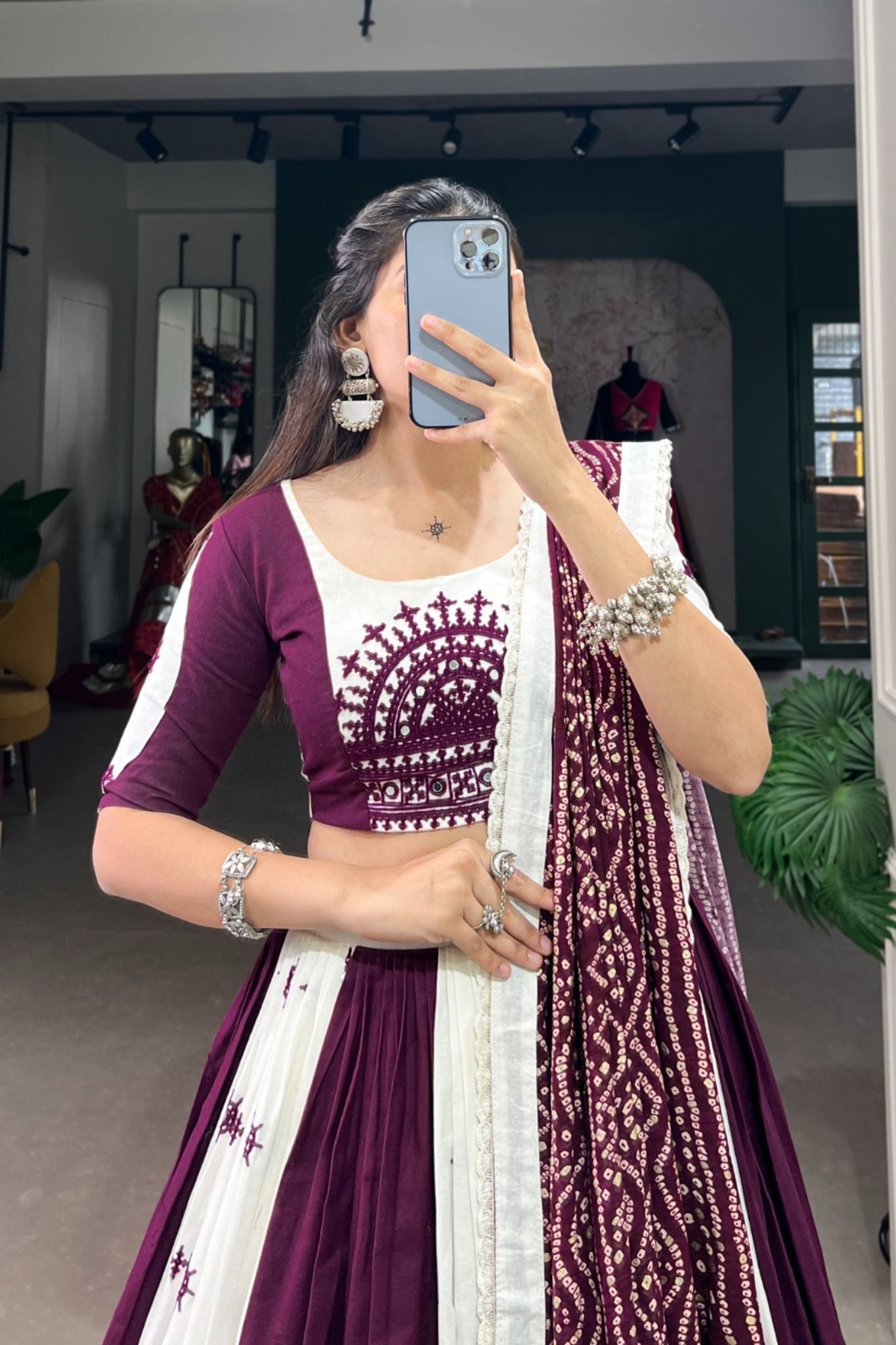 Wine And White Stylish Pure Cotton Navratri Lehenga Choli