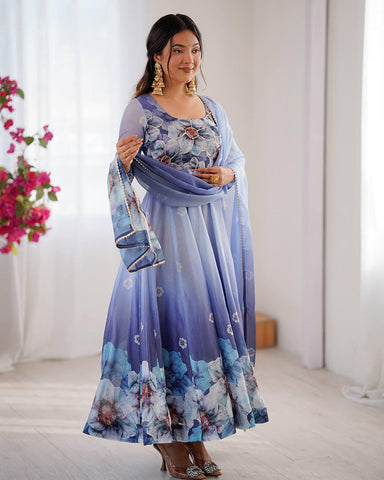 Navy Blue Floral Print Organza Three Piece Anarkali Suit