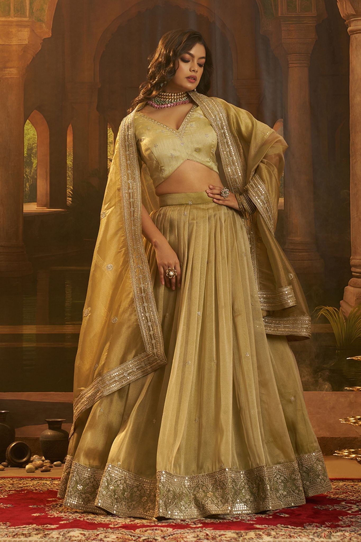 Premium Olive Green Hiranya Silk Lehenga Set Featuring Art Silk Blouse And Detailed Embroidered Dupatta