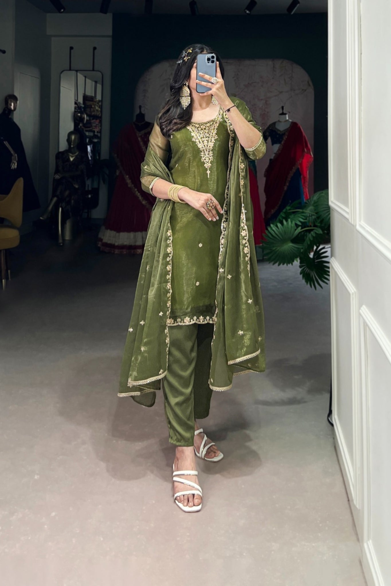 Olive Green Gold Coin Sequins Tread Embroidery Work Ethnic Dress