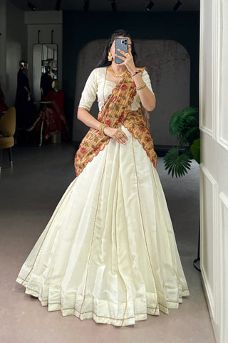 Ivory Kalamkari Handloom Kora Silk South Indian Lehenga Set