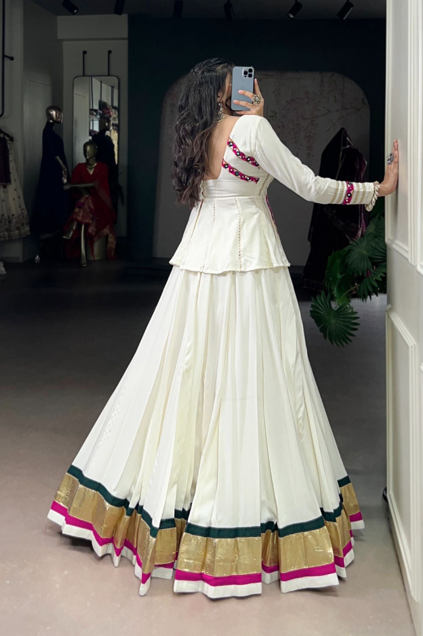 White Designer Original Mirror Gamthi Work Navratri Lehenga Choli