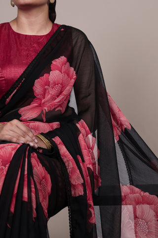 Floral Chiffon Saree With Lace Border Explore Acriine Ethnic Collection