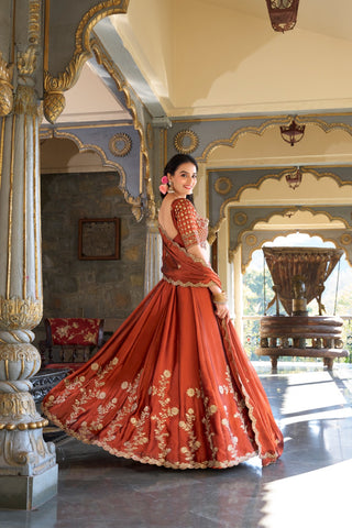Rust & Gold Rangoli Silk Lehenga Choli Set With Dupatta