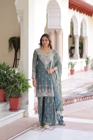 Designer Fendi Silk Kurti Sharara Set With Coding Sequins Embroidery