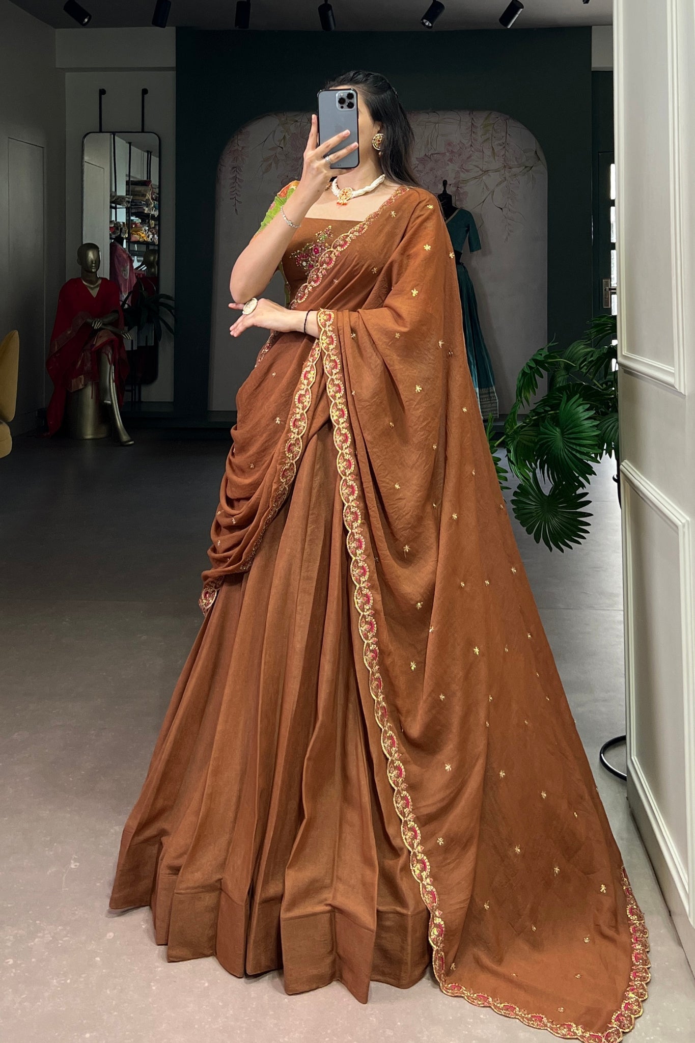 Luxury Chocolate Crush Designer Lehenga Set With Handcrafted Gotta Patti Blouse And Embroidered Dupatta