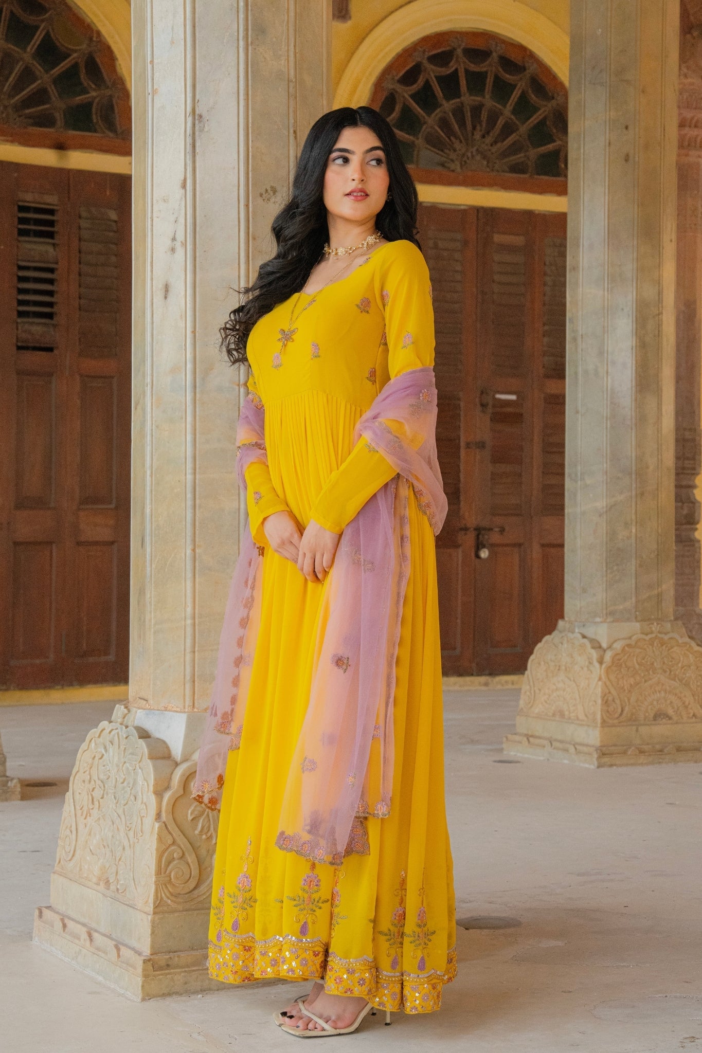 Radiant Yellow Embroidered Georgette Anarkali Gown With Contrasting Dupatta