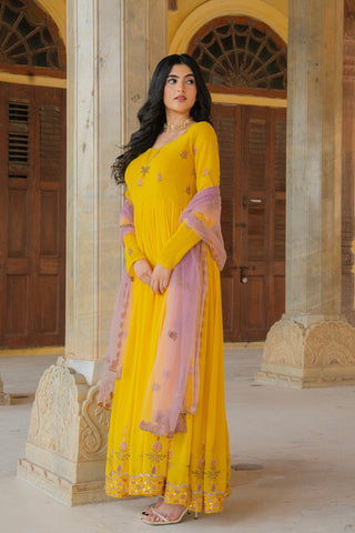 Radiant Yellow Embroidered Georgette Anarkali Gown With Contrasting Dupatta