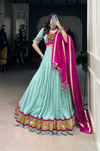 See Green Stunning Embossed Design Mirror Gamthi Work Readymade Navratri lehenga Choli
