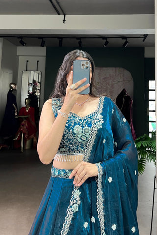 Peacock Color Beautiful Sequins And Tread Embroidered Lehenga Choli